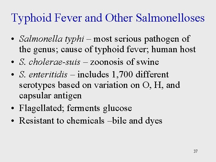Typhoid Fever and Other Salmonelloses • Salmonella typhi – most serious pathogen of the