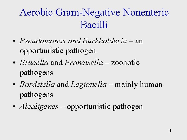 Aerobic Gram-Negative Nonenteric Bacilli • Pseudomonas and Burkholderia – an opportunistic pathogen • Brucella