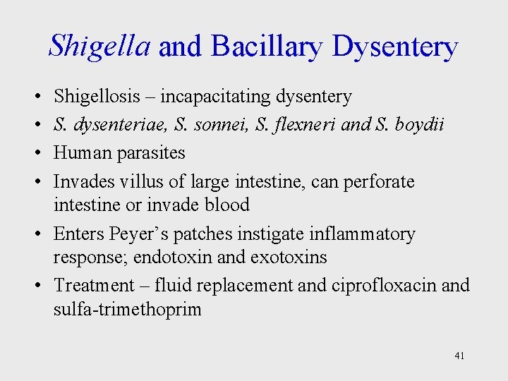 Shigella and Bacillary Dysentery • • Shigellosis – incapacitating dysentery S. dysenteriae, S. sonnei,