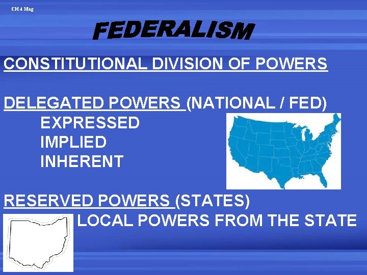 CH 4 Mag CONSTITUTIONAL DIVISION OF POWERS DELEGATED POWERS (NATIONAL / FED) EXPRESSED IMPLIED