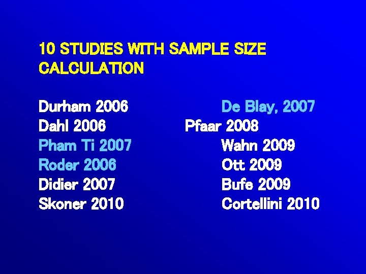 10 STUDIES WITH SAMPLE SIZE CALCULATION Durham 2006 Dahl 2006 Pham Ti 2007 Roder