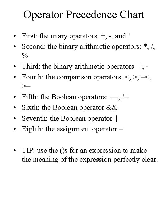Operator Precedence Chart • First: the unary operators: +, -, and ! • Second: