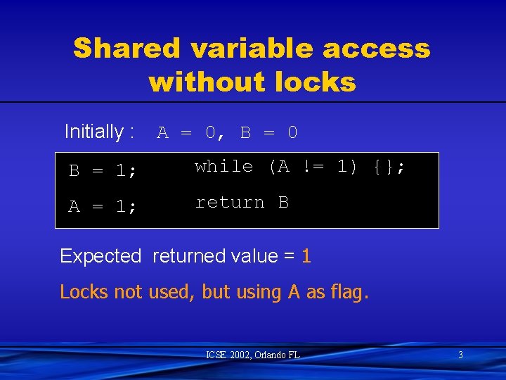 Shared variable access without locks Initially : A = 0, B = 0 B