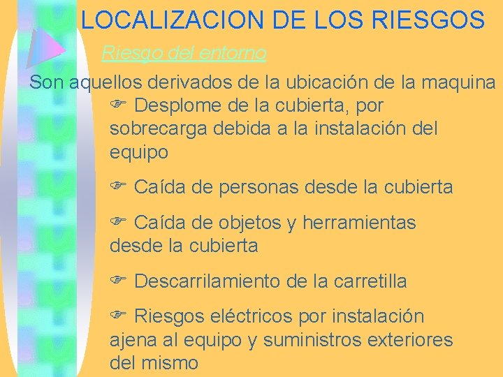 LOCALIZACION DE LOS RIESGOS Riesgo del entorno Son aquellos derivados de la ubicación de