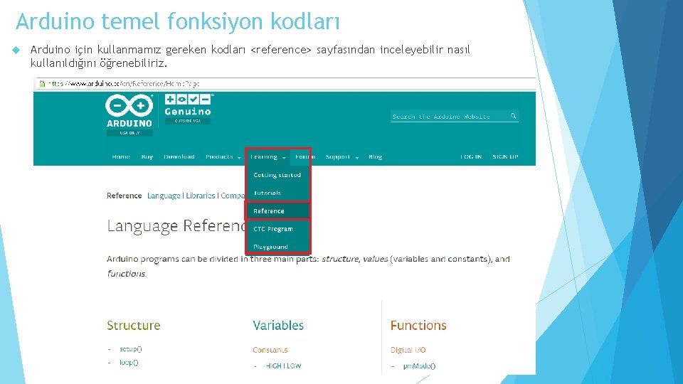 Arduino temel fonksiyon kodları Arduino için kullanmamız gereken kodları <reference> sayfasından inceleyebilir nasıl kullanıldığını