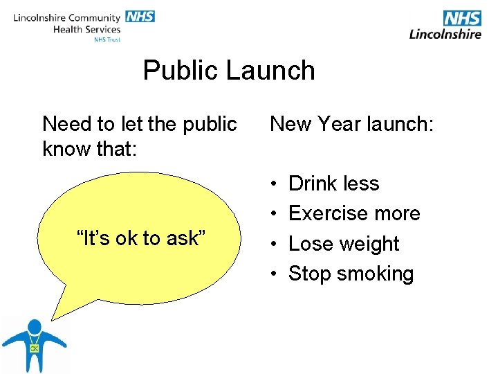 Public Launch Need to let the public know that: “It’s ok to ask” New