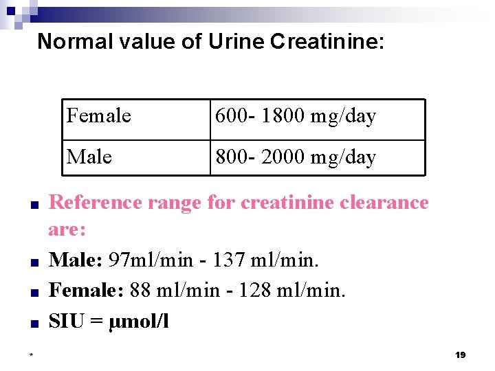 Normal value of Urine Creatinine: ■ ■ * Female 600 - 1800 mg/day Male