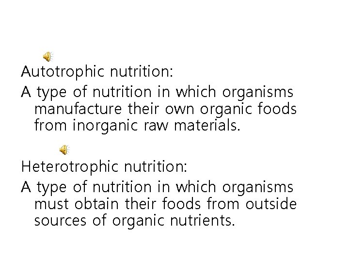 Autotrophic nutrition: A type of nutrition in which organisms manufacture their own organic foods