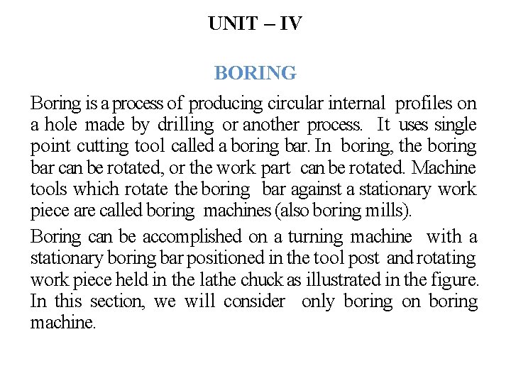 UNIT – IV BORING Boring is a process of producing circular internal profiles on