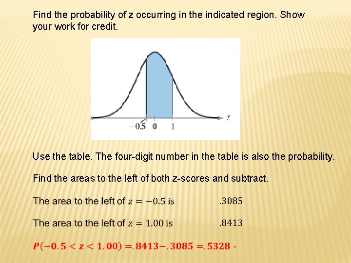 Find the probability of z occurring in the indicated region. Show your work for