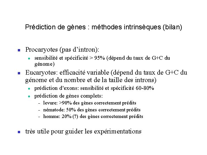 Prédiction de gènes : méthodes intrinsèques (bilan) Procaryotes (pas d’intron): sensibilité et spécificité >