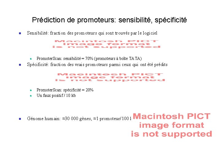 Prédiction de promoteurs: sensibilité, spécificité Sensibilité: fraction des promoteurs qui sont trouvés par le