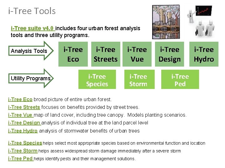 i-Tree Tools i-Tree suite v 4. 0 includes four urban forest analysis tools and