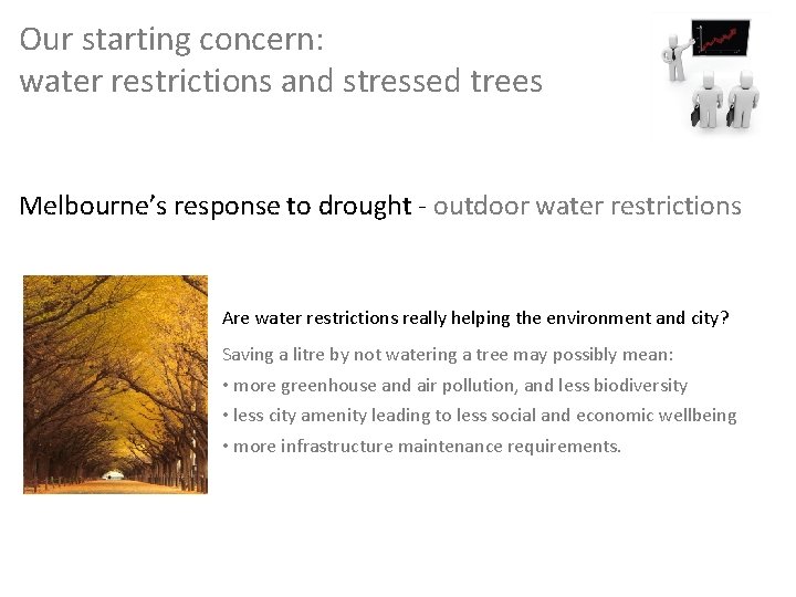 Our starting concern: water restrictions and stressed trees Melbourne’s response to drought - outdoor