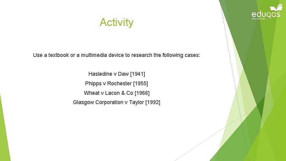 Activity Use a textbook or a multimedia device to research the following cases: Hasledine