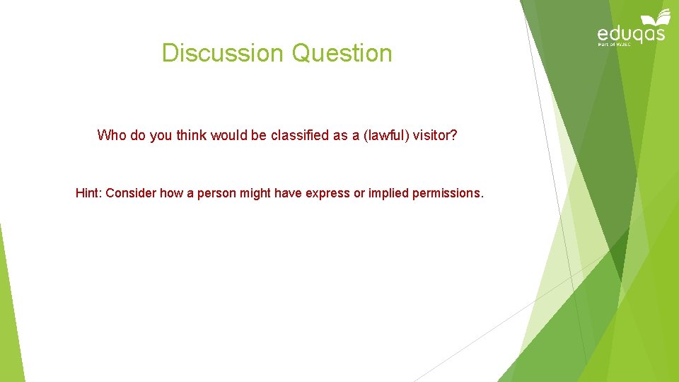 Discussion Question Who do you think would be classified as a (lawful) visitor? Hint: