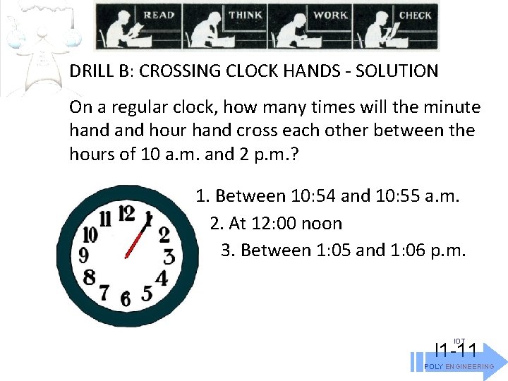 DRILL B: CROSSING CLOCK HANDS - SOLUTION On a regular clock, how many times