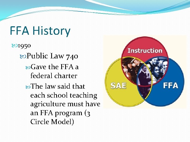 FFA History 1950 Public Law 740 Gave the FFA a federal charter The law