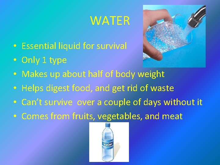WATER • • • Essential liquid for survival Only 1 type Makes up about