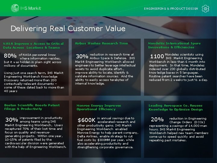 ENGINEERING & PRODUCT DESIGN Delivering Real Customer Value NASA Improve s Access to Critical ENGINEERING & PRODUCT DESIGN Delivering Real Customer Value NASA Improve s Access to Critical