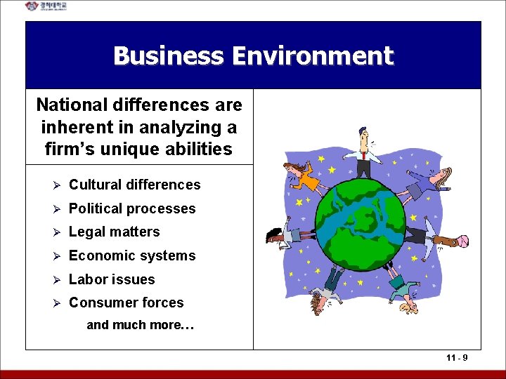 Business Environment National differences are inherent in analyzing a firm’s unique abilities Ø Cultural