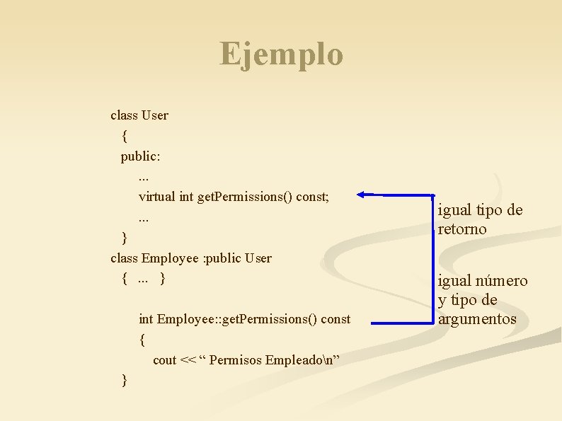 Ejemplo class User { public: . . . virtual int get. Permissions() const; .