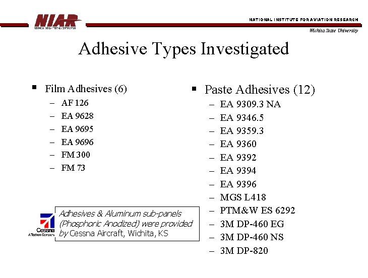 NATIONAL INSTITUTE FOR AVIATION RESEARCH Wichita State University Adhesive Types Investigated § Film Adhesives