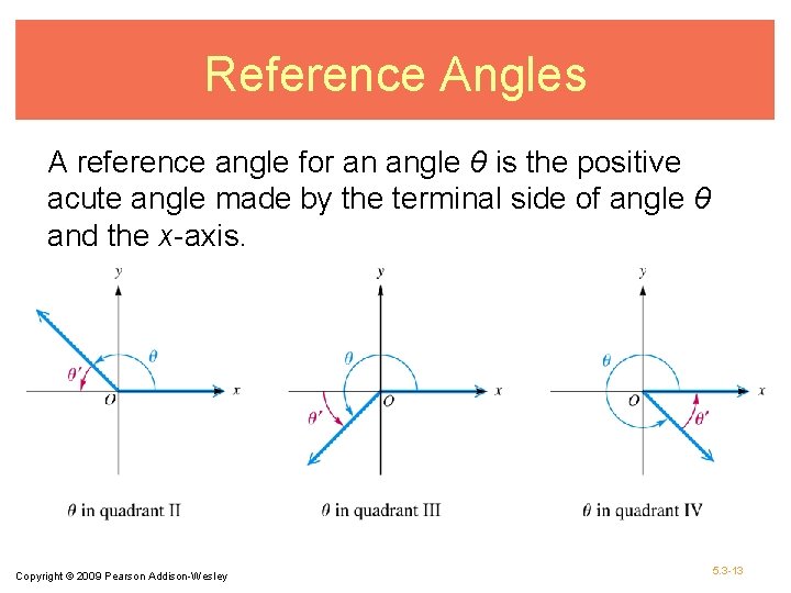 Reference Angles A reference angle for an angle θ is the positive acute angle