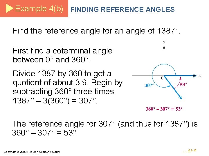 Example 4(b) FINDING REFERENCE ANGLES Find the reference angle for an angle of 1387°.