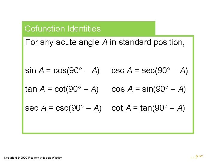 Cofunction Identities For any acute angle A in standard position, sin A = cos(90