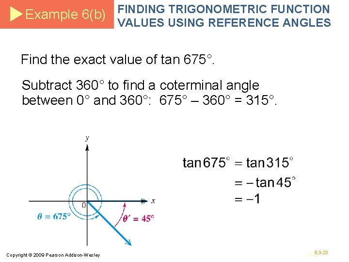 Example 6(b) FINDING TRIGONOMETRIC FUNCTION VALUES USING REFERENCE ANGLES Find the exact value of