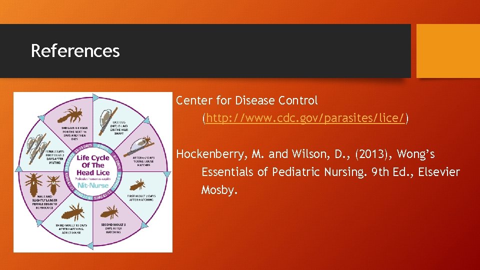 References Center for Disease Control (http: //www. cdc. gov/parasites/lice/) Hockenberry, M. and Wilson, D.