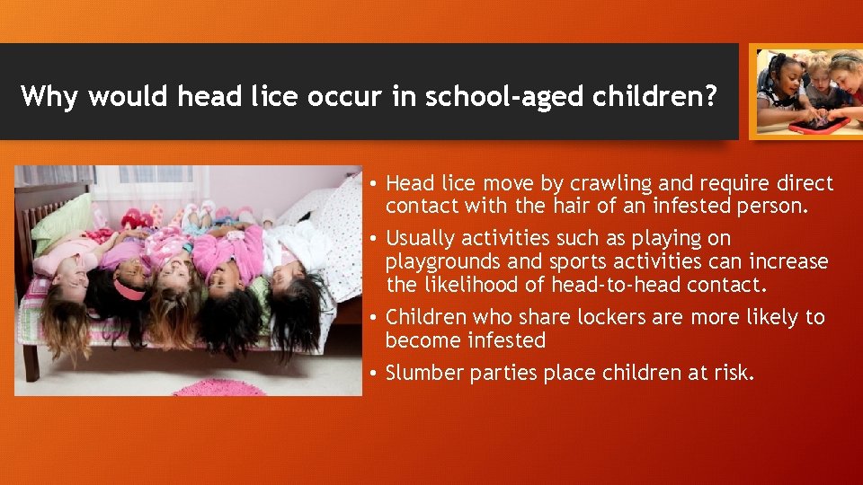 Why would head lice occur in school-aged children? • Head lice move by crawling