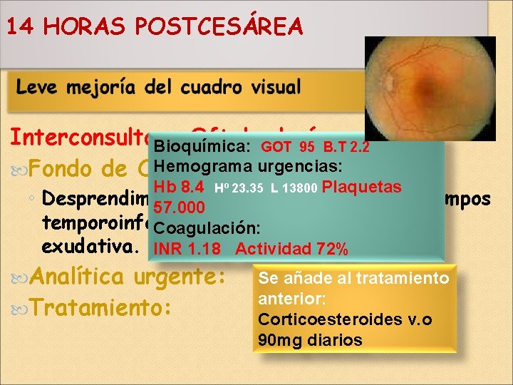 14 HORAS POSTCESÁREA Interconsulta. Bioquímica: a Oftalmología GOT 95 B. T 2. 2 Hemograma