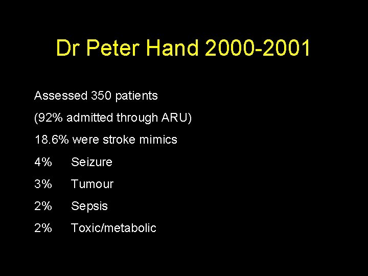 Dr Peter Hand 2000 -2001 Assessed 350 patients (92% admitted through ARU) 18. 6%