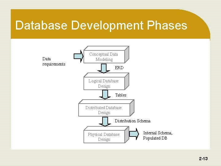 Database Development Phases Data requirements Conceptual Data Modeling ERD Logical Database Design Tables Distributed Database Development Phases Data requirements Conceptual Data Modeling ERD Logical Database Design Tables Distributed