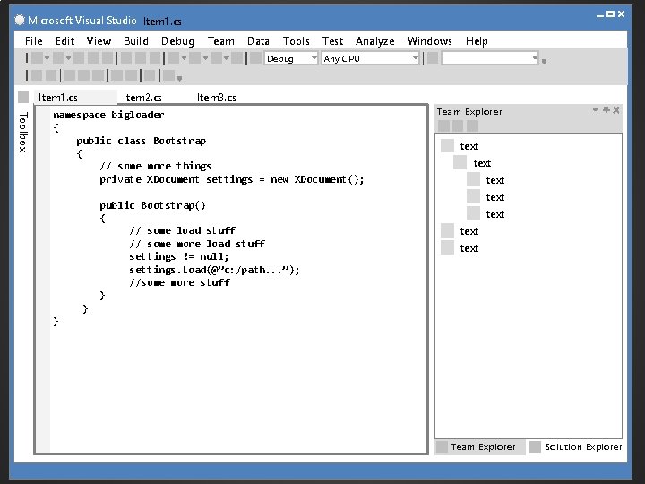Microsoft Visual Studio Item 1. cs File Edit View Build Debug Team Data Tools