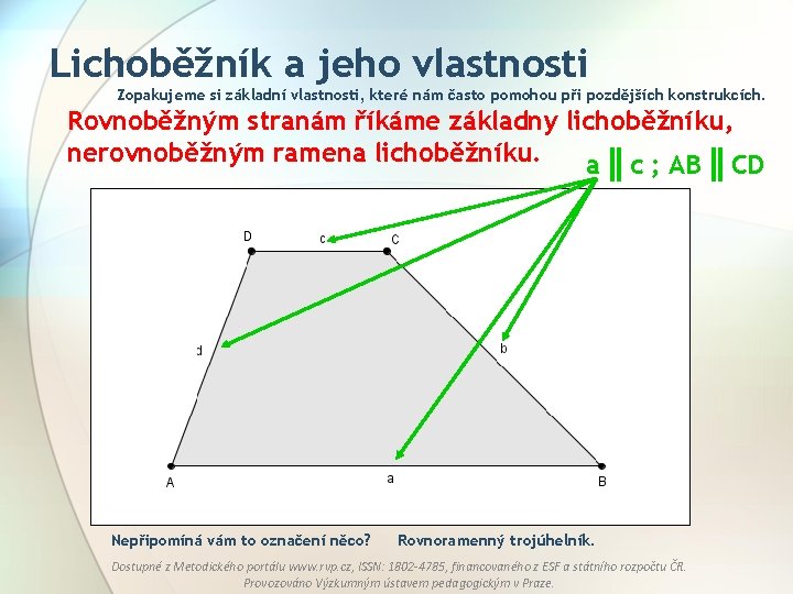 Lichoběžník a jeho vlastnosti Zopakujeme si základní vlastnosti, které nám často pomohou při pozdějších