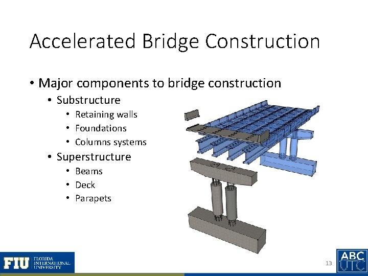 Accelerated Bridge Construction • Major components to bridge construction • Substructure • Retaining walls