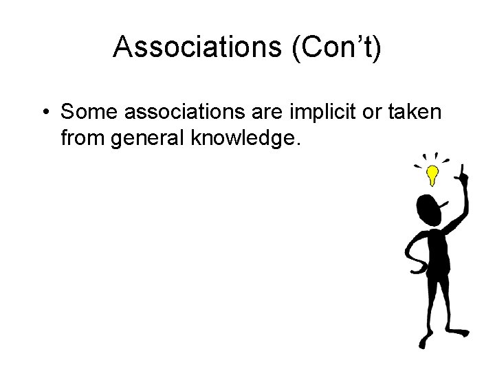 Associations (Con’t) • Some associations are implicit or taken from general knowledge. Associations (Con’t) • Some associations are implicit or taken from general knowledge.