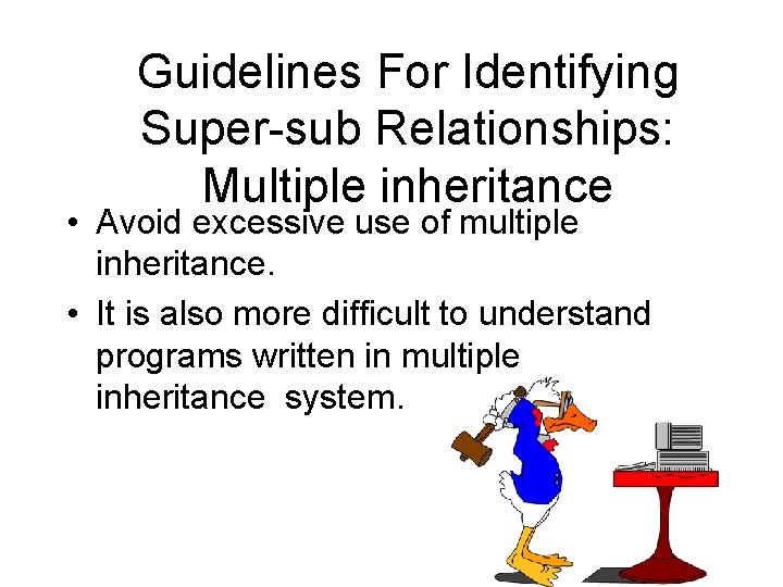 Guidelines For Identifying Super-sub Relationships: Multiple inheritance • Avoid excessive use of multiple inheritance. Guidelines For Identifying Super-sub Relationships: Multiple inheritance • Avoid excessive use of multiple inheritance.