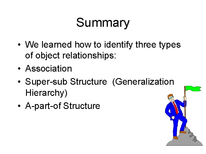 Summary • We learned how to identify three types of object relationships: • Association
