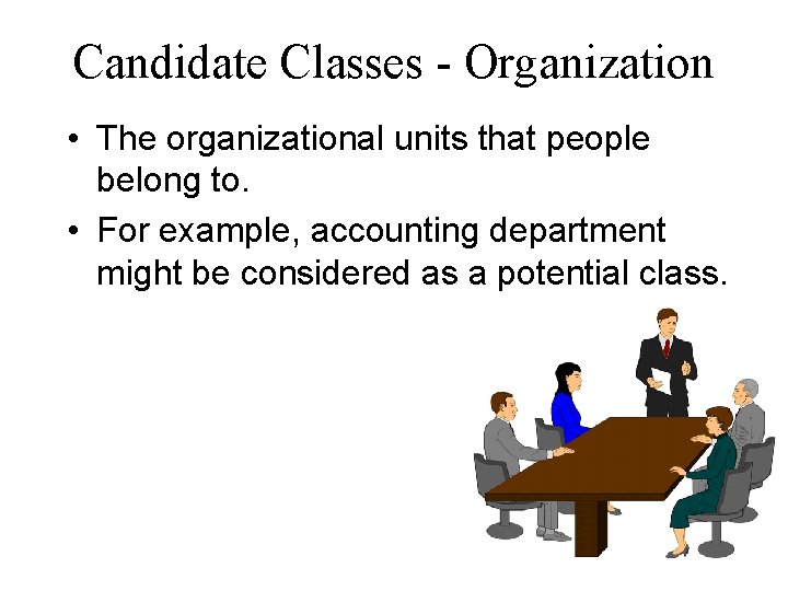 Candidate Classes - Organization • The organizational units that people belong to. • For