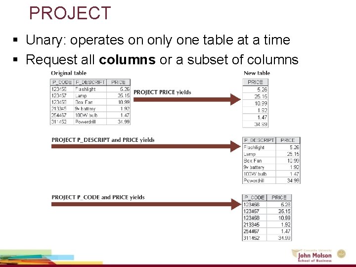 PROJECT § Unary: operates on only one table at a time § Request all