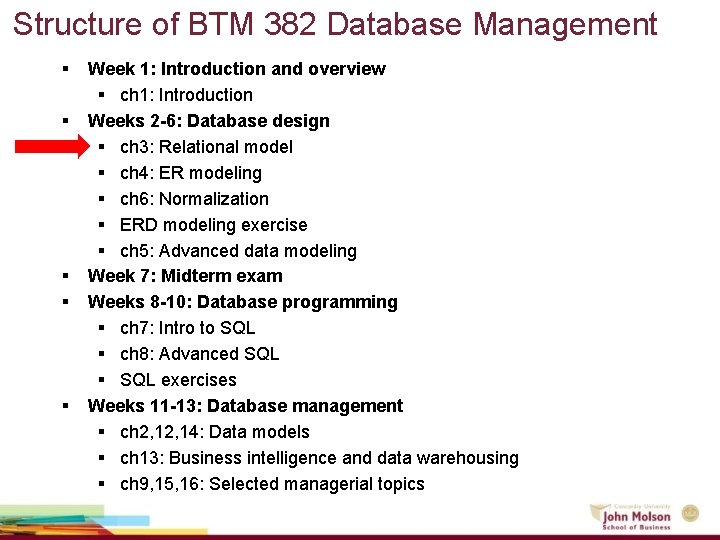Structure of BTM 382 Database Management § § § Week 1: Introduction and overview