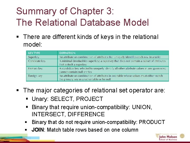 Summary of Chapter 3: The Relational Database Model § There are different kinds of