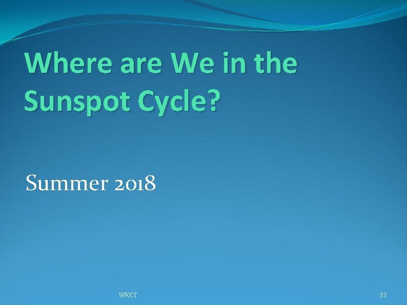 Where are We in the Sunspot Cycle? Summer 2018 W 9 XT 33 