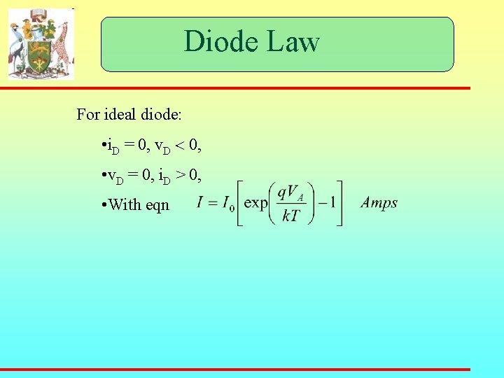 Diode Law For ideal diode: • i. D = 0, v. D 0, •