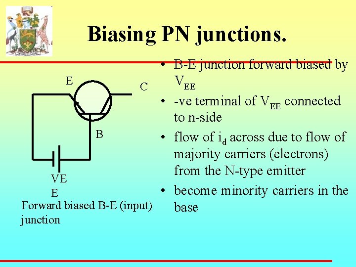 Biasing PN junctions. • B-E junction forward biased by E VEE C • -ve