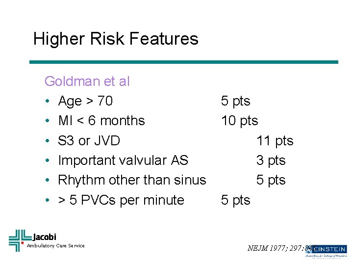 Higher Risk Features Goldman et al • Age > 70 • MI < 6